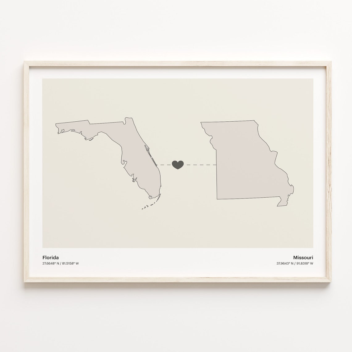 Florida To Missouri Heart Connection Minimalist Beige Map Poster