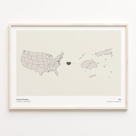 United States to Fiji Heart Connection Minimalist Country Map Poster