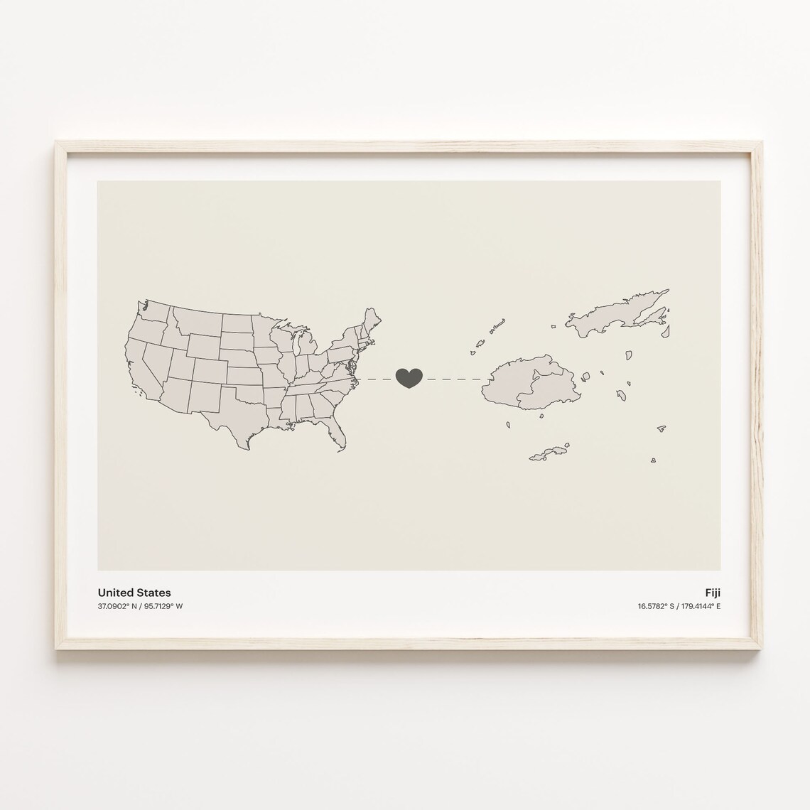 United States to Fiji Heart Connection Minimalist Country Map Poster