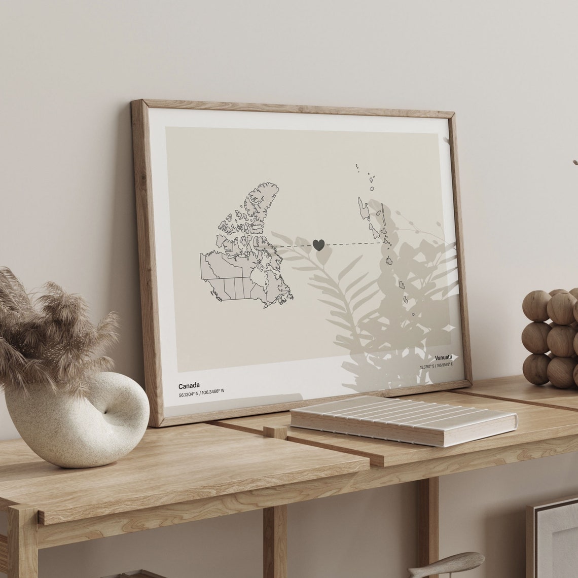 Canada Vanuatu Long Distance Heart Map Minimalist Love Print