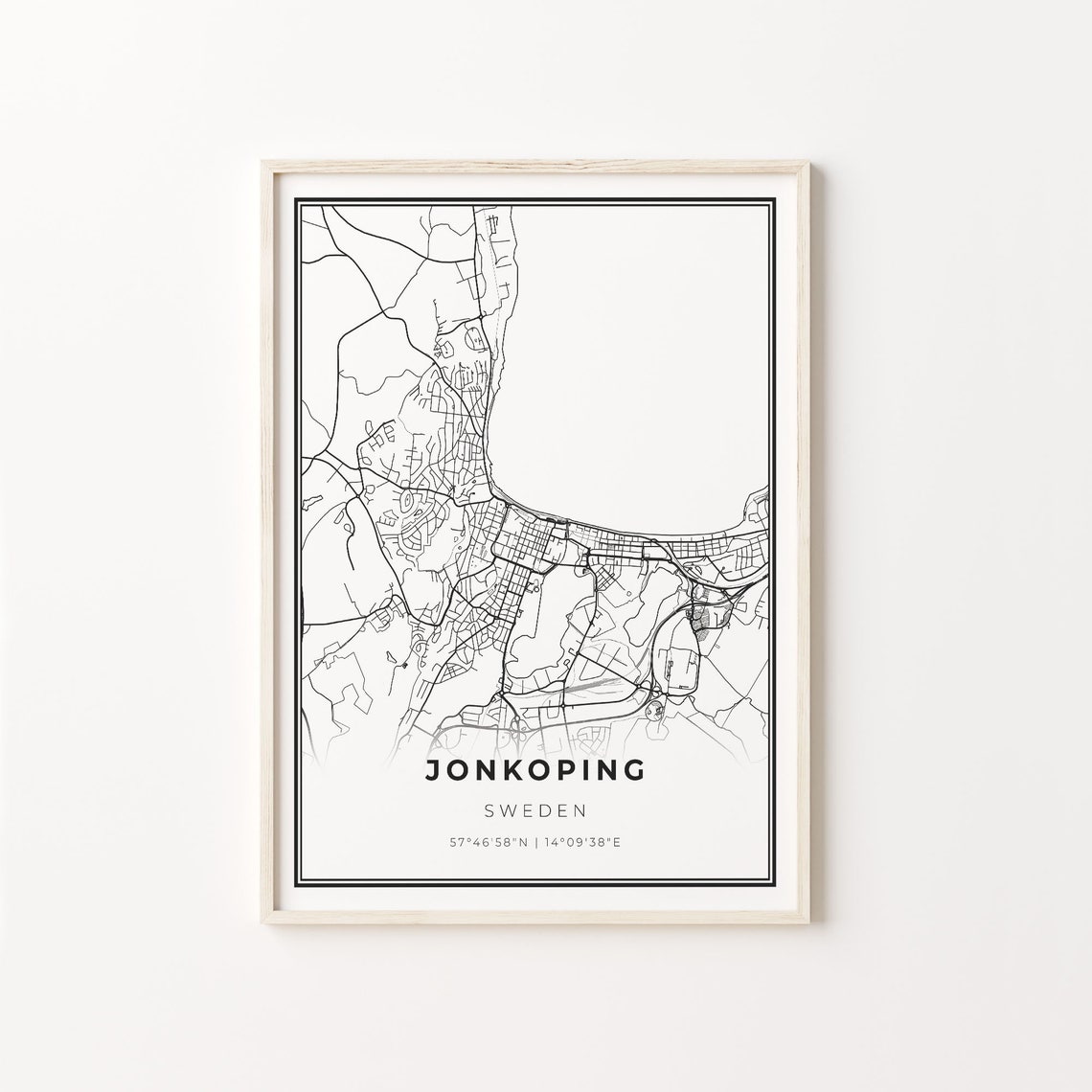 Jonkoping Sweden Modern Black And White Street Map Coordinates Poster