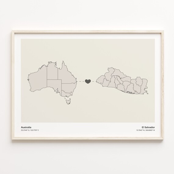 Australia to El Salvador Long Distance Heart Map Connection Poster