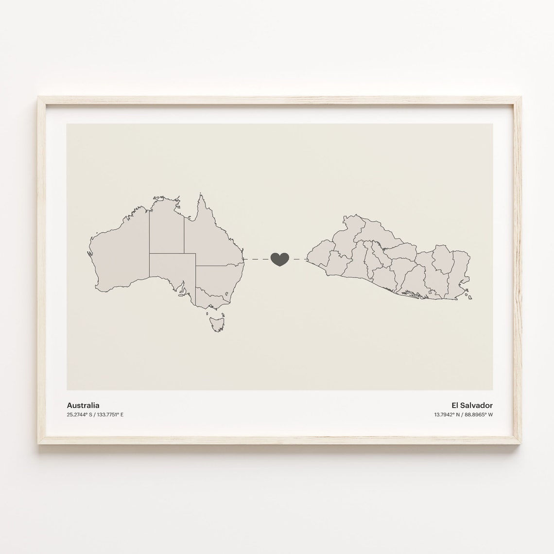 Australia to El Salvador Long Distance Heart Map Connection Poster
