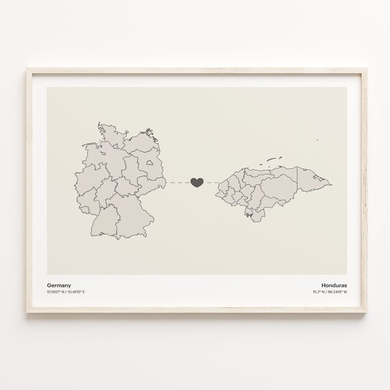 Germany to Honduras Minimalist Long Distance Heart Connection Map Poster