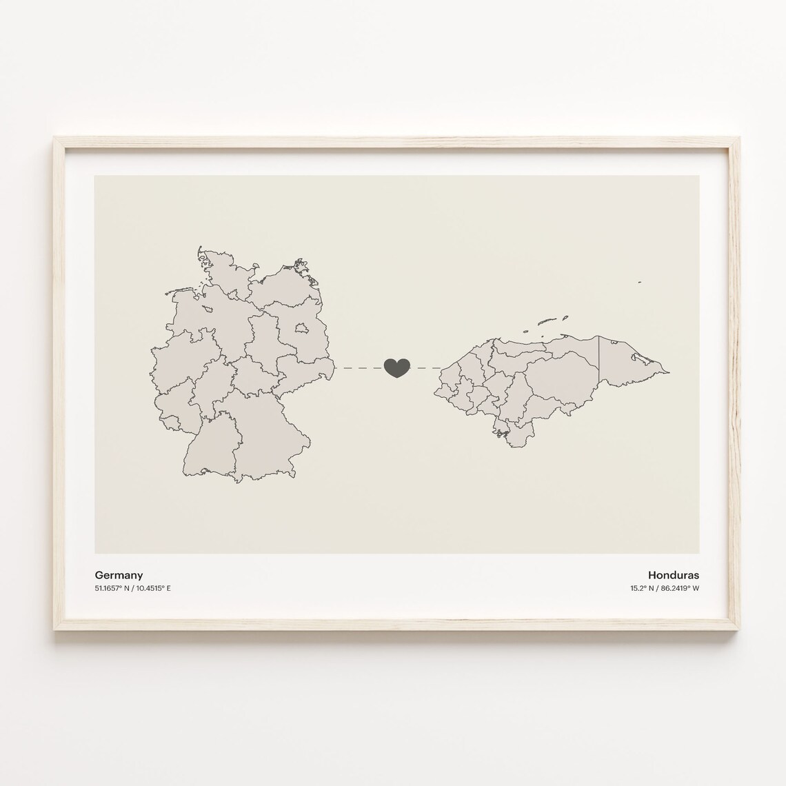 Germany to Honduras Minimalist Long Distance Heart Connection Map Poster