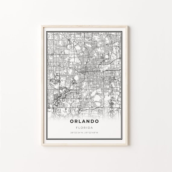 Orlando City Map Art Poster, Black and White