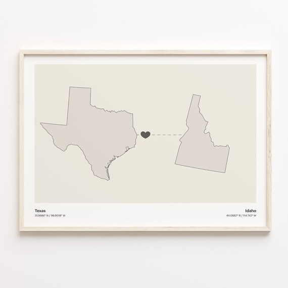 Texas To Idaho Minimalist Heart Long Distance Connection Poster