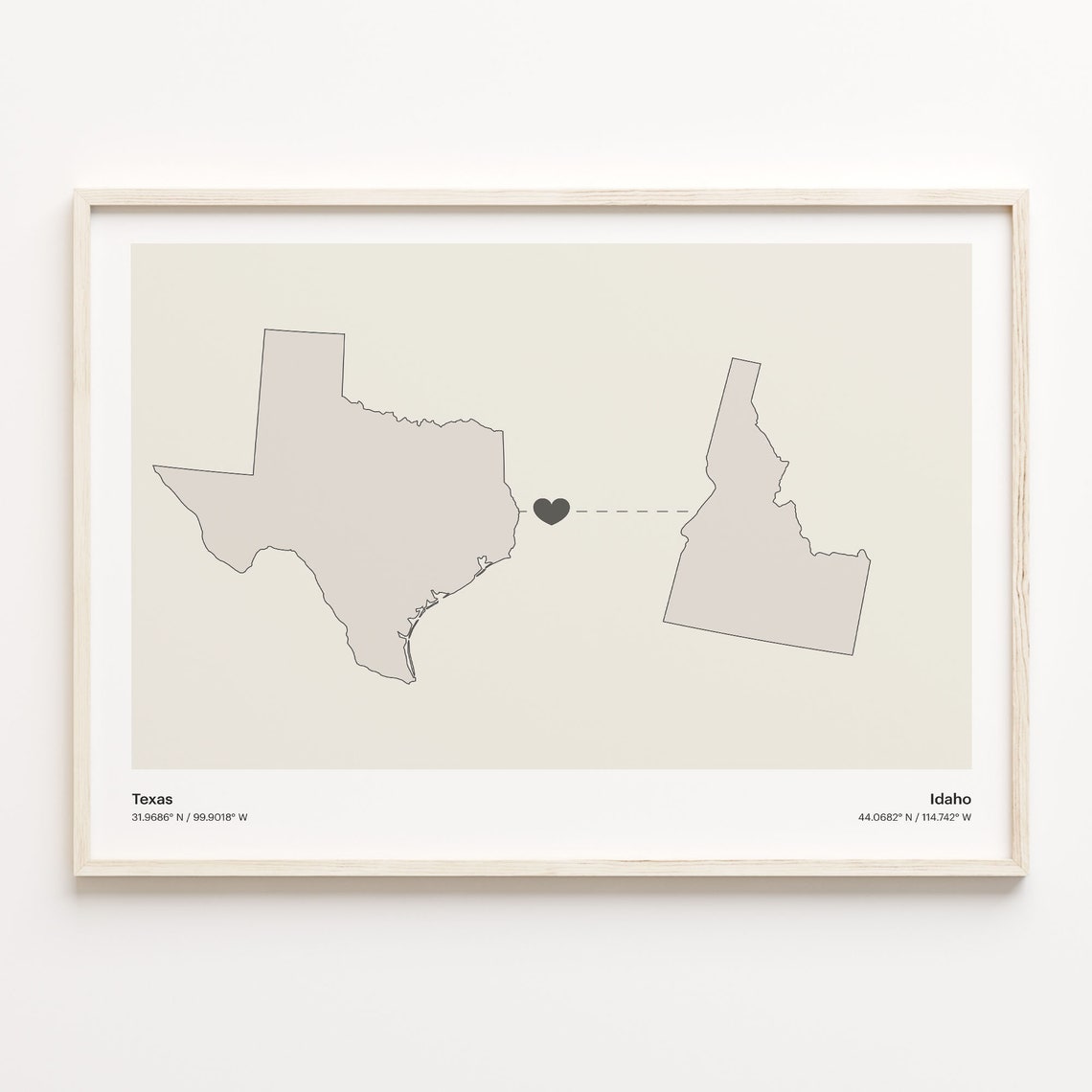 Texas To Idaho Minimalist Heart Long Distance Connection Poster