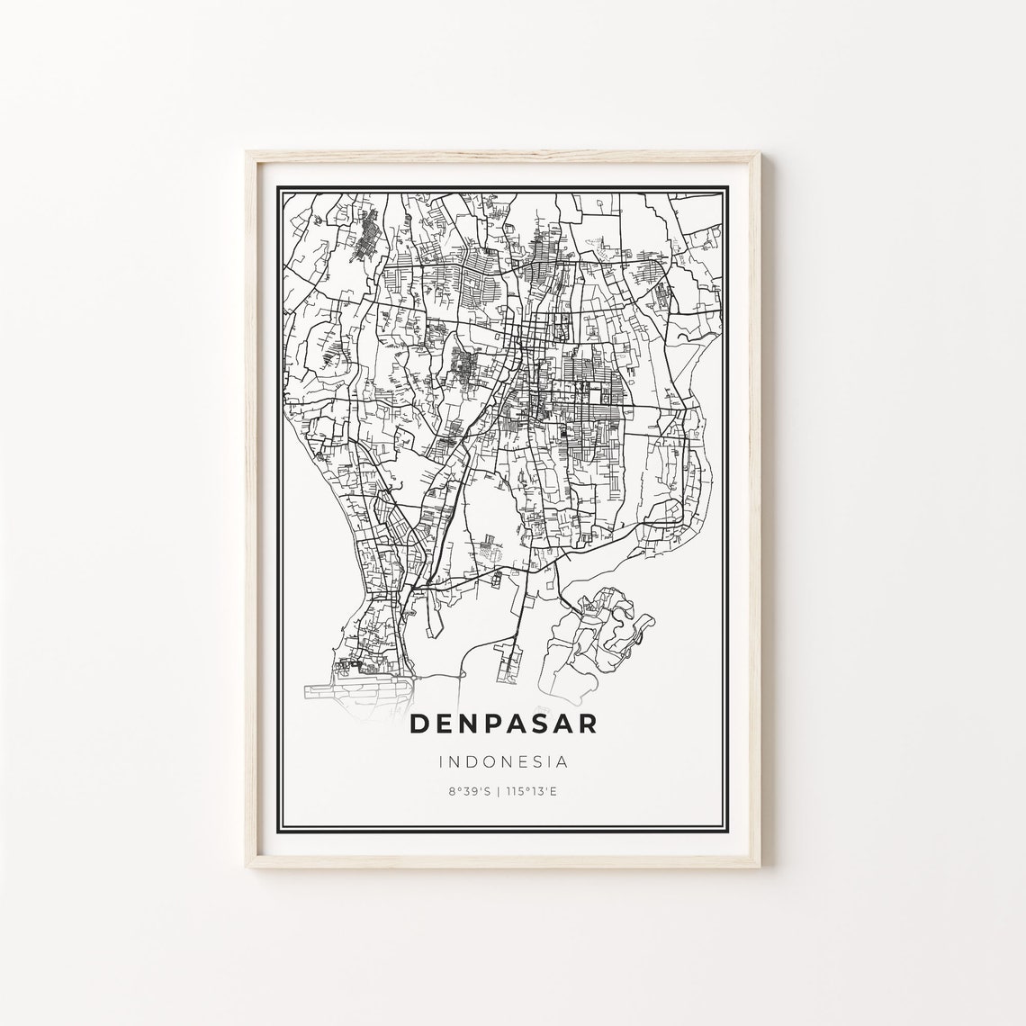 Denpasar Indonesia Minimalist Black and White City Street Map Poster