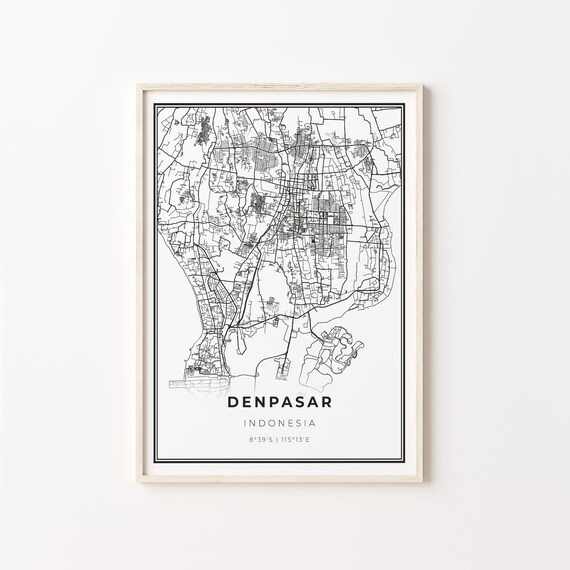 Denpasar Indonesia Minimalist Black and White City Street Map Poster