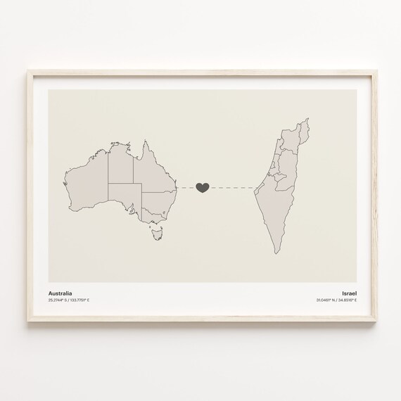 Australia To Israel Minimalist Map Heart Connection Gift Poster