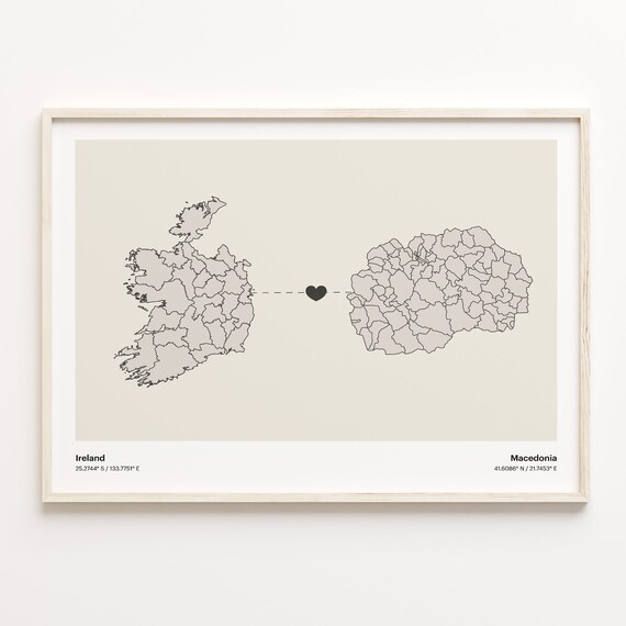 Ireland Macedonia Long Distance Love Connection Heart Map Poster