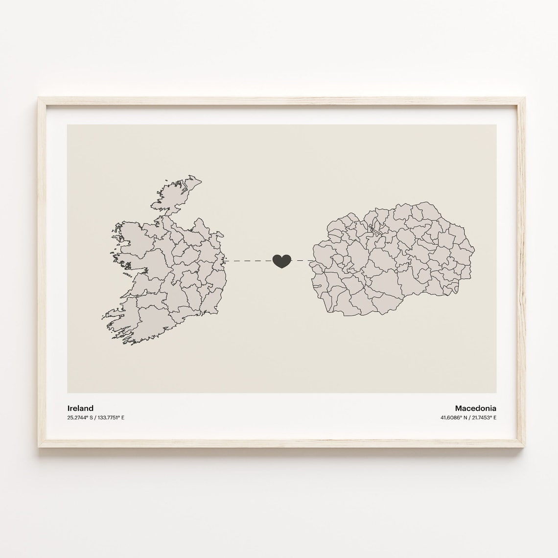 Ireland Macedonia Long Distance Love Connection Heart Map Poster