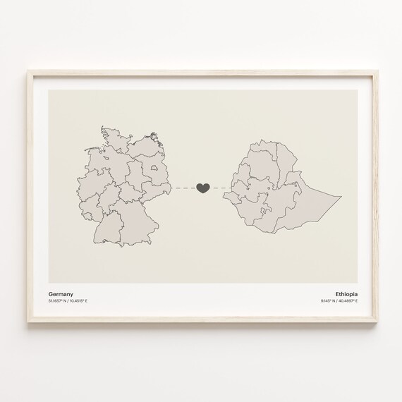 Germany to Ethiopia Minimalist Long Distance Heart Map Connection Poster
