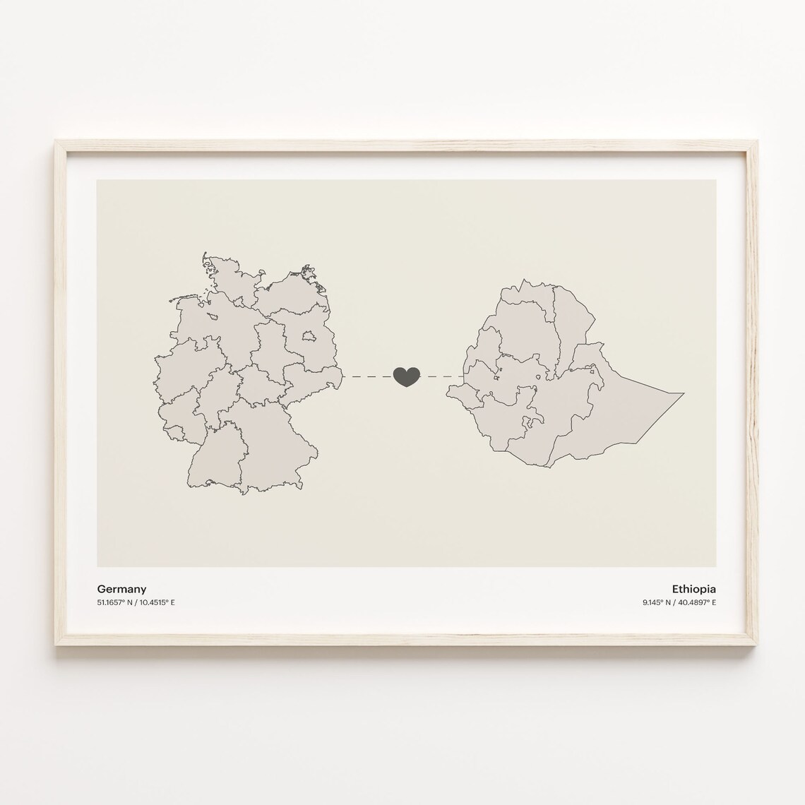 Germany to Ethiopia Minimalist Long Distance Heart Map Connection Poster