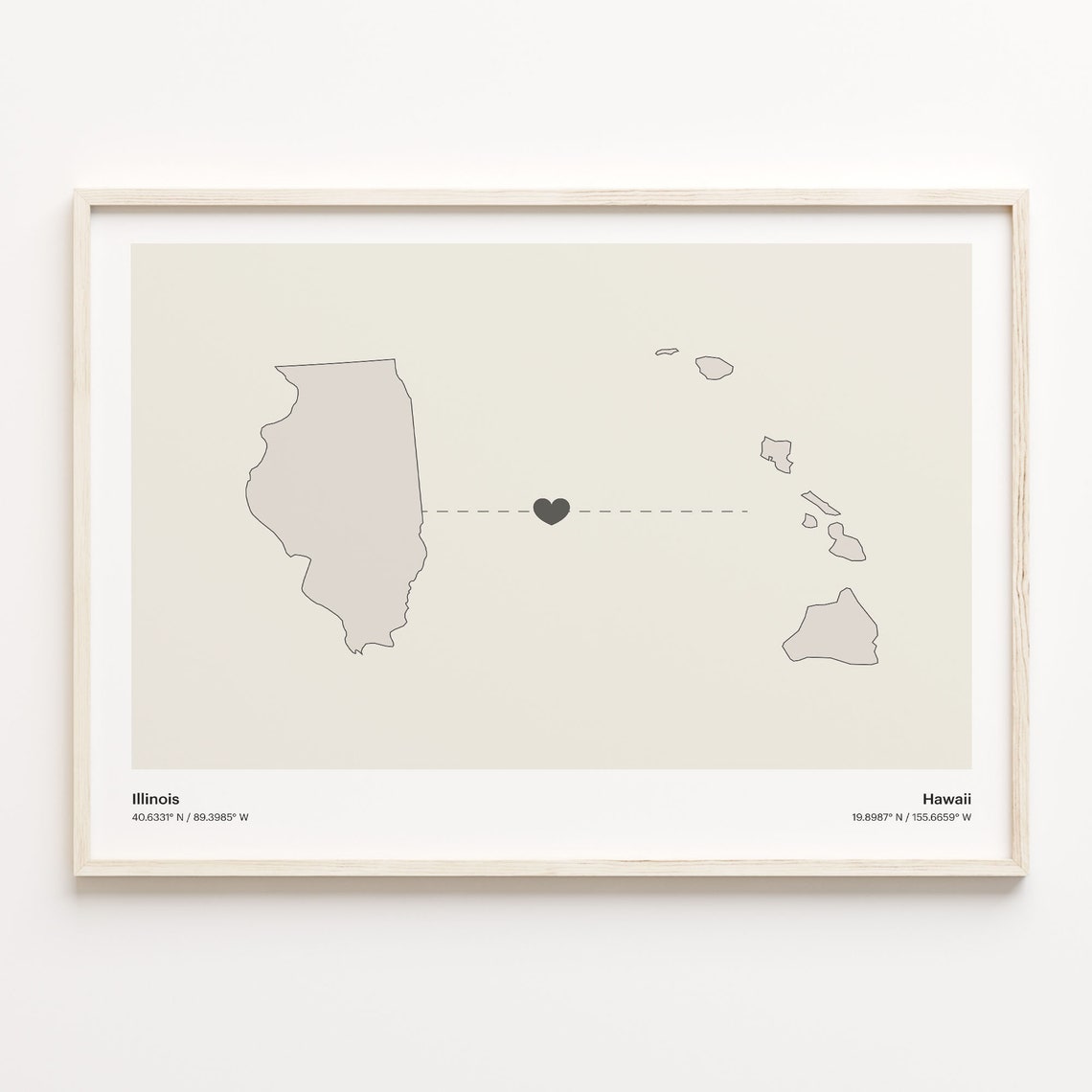 Illinois To Hawaii Heart Connection Minimalist State Map Poster