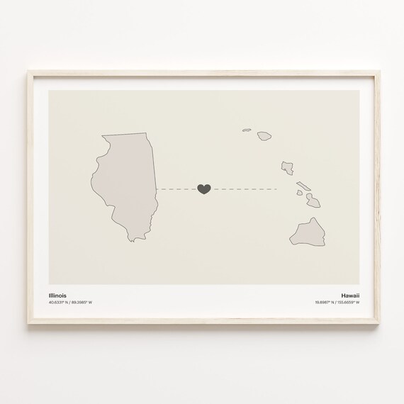 Illinois To Hawaii Heart Connection Minimalist State Map Poster
