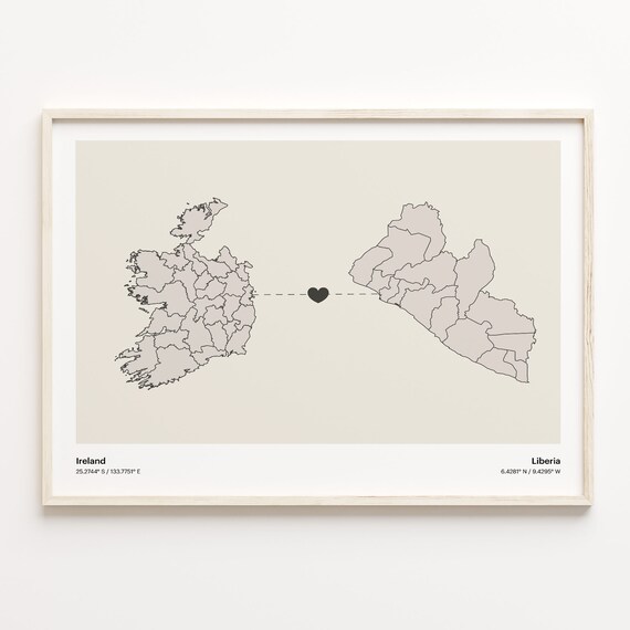 Ireland To Liberia Minimalist Heart Long Distance Connection Poster