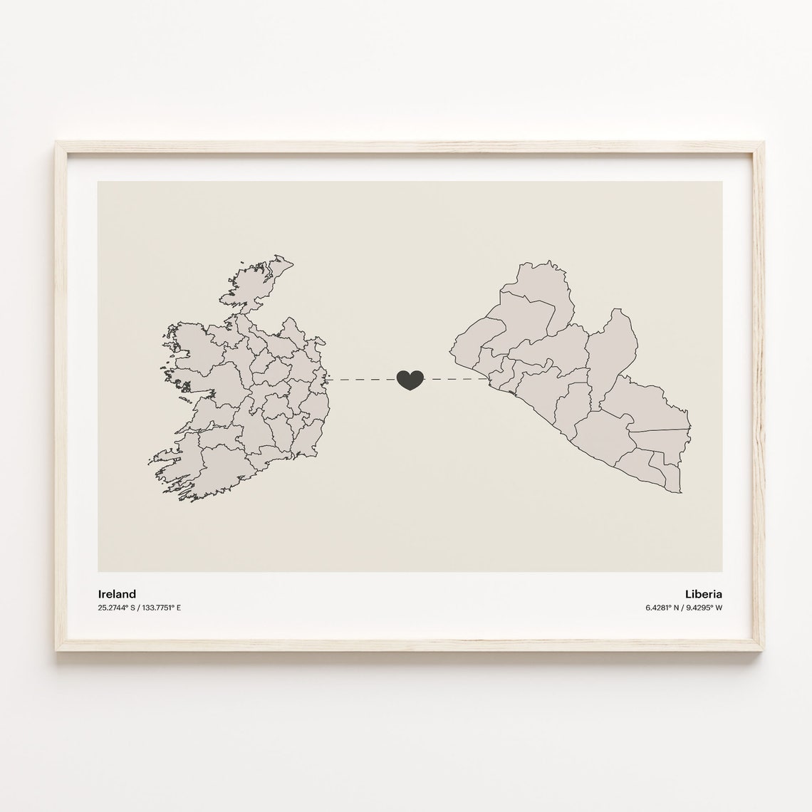 Ireland To Liberia Minimalist Heart Long Distance Connection Poster