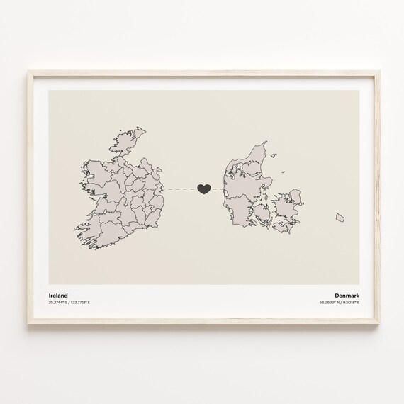 Ireland to Denmark Minimalist Heart Connection Love Map Poster