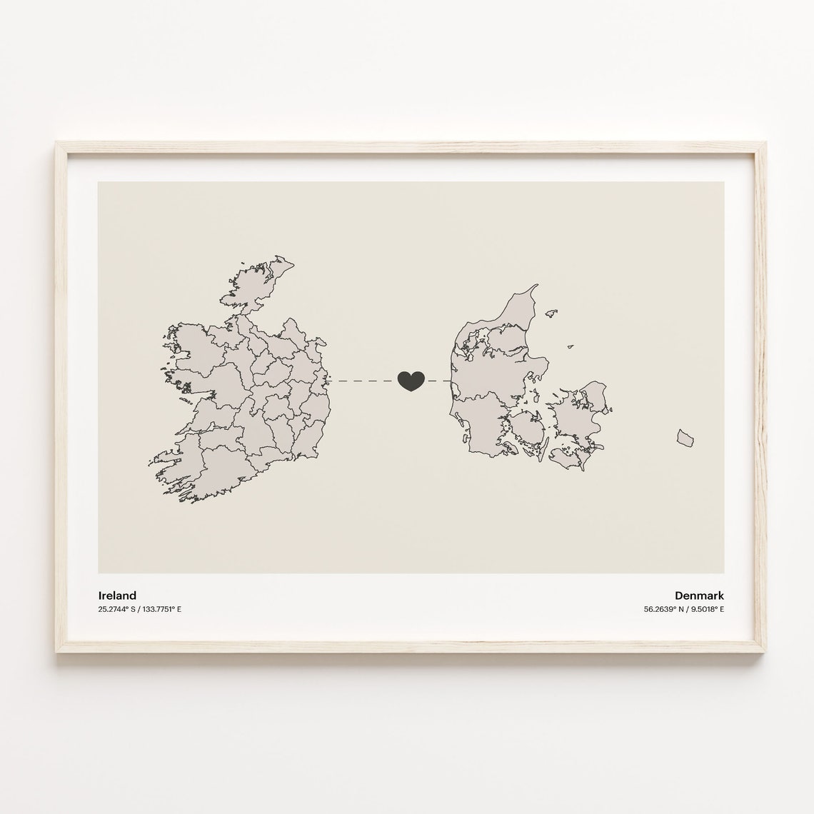 Ireland to Denmark Minimalist Heart Connection Love Map Poster