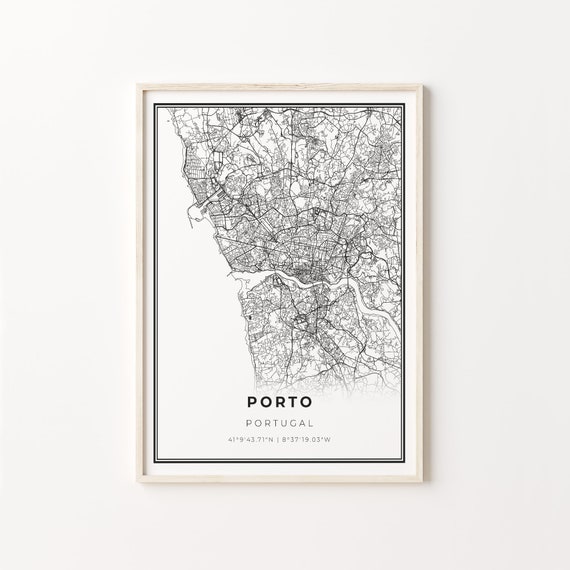 Porto City Map Art Print, Modern Black and White
