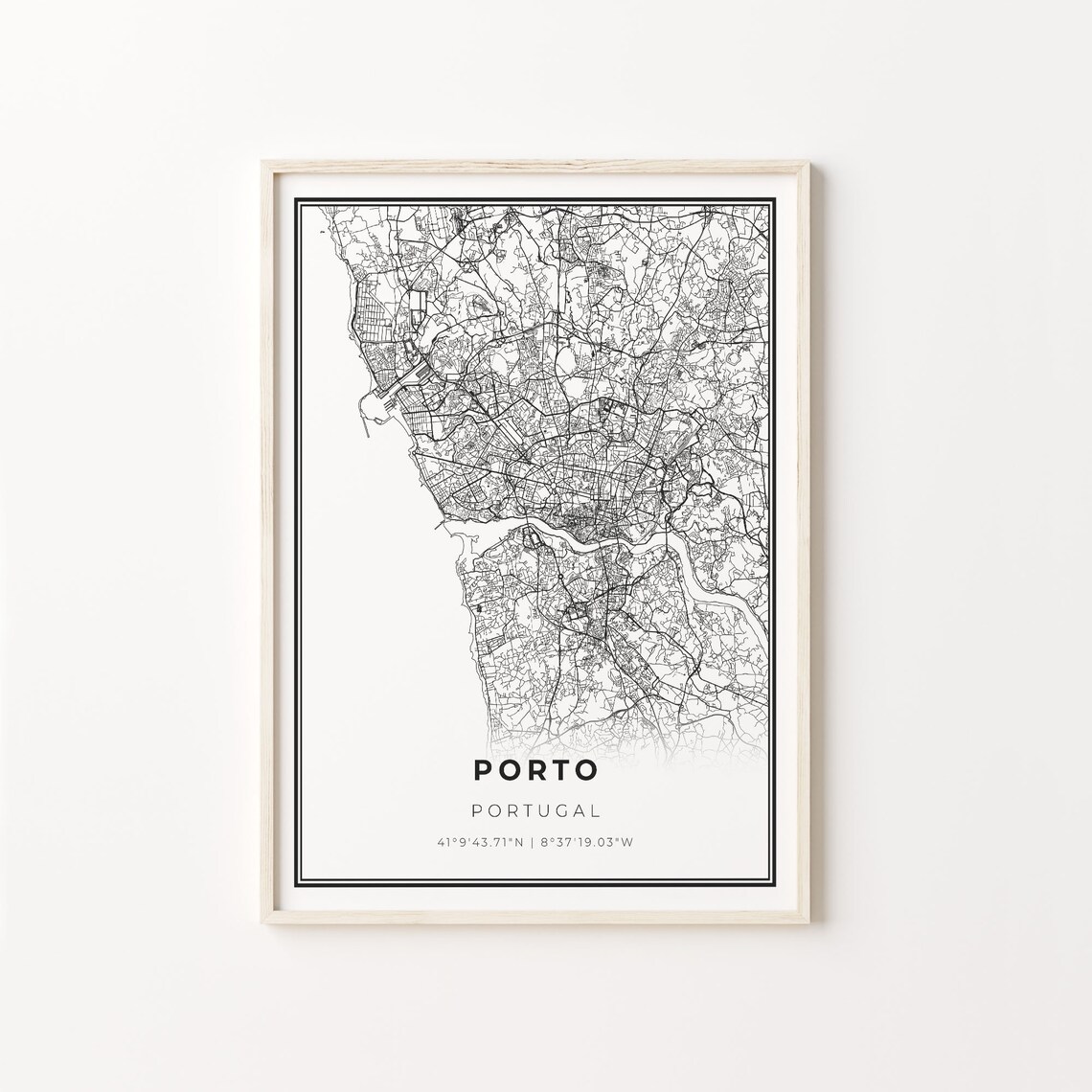 Porto City Map Art Print, Modern Black and White