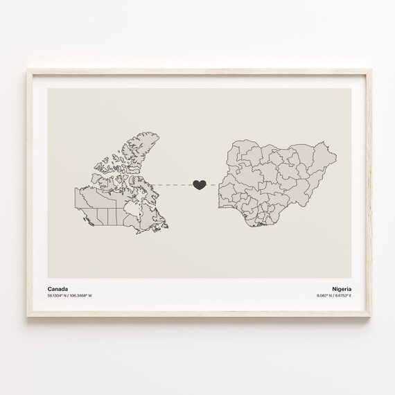 Canada to Nigeria Minimalist Heart Connection Map Art Poster