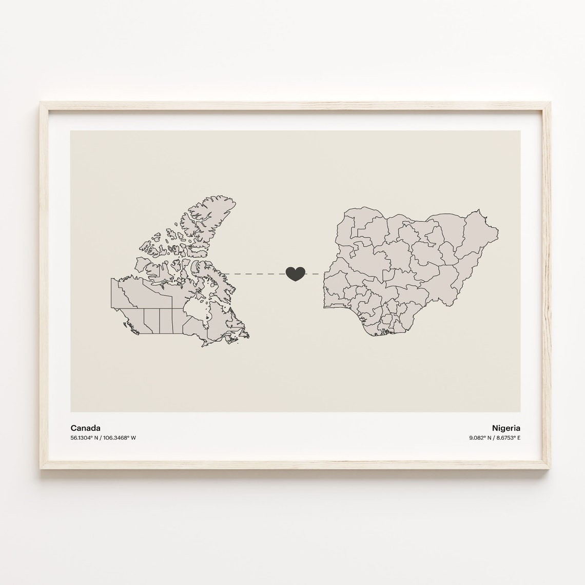 Canada to Nigeria Minimalist Heart Connection Map Art Poster