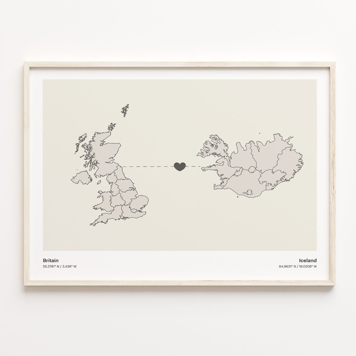 Britain To Iceland Minimal Heart Country Connection Map Poster