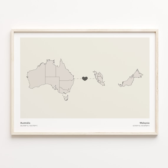 Australia and Malaysia Minimalist Long Distance Heart Map Connection Poster
