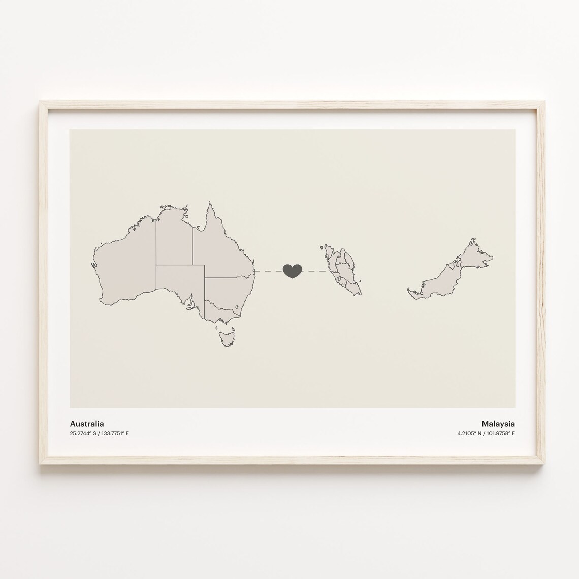 Australia and Malaysia Minimalist Long Distance Heart Map Connection Poster