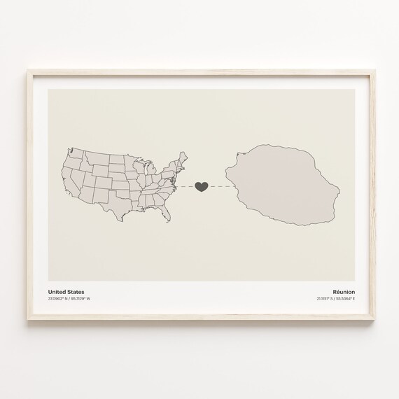 United States to Reunion Island Heart Connection Long Distance Map Poster