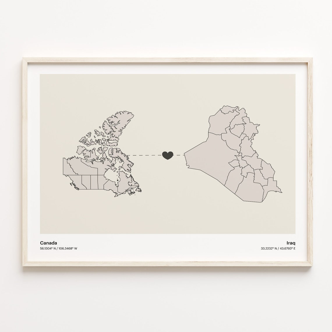 Canada To Iraq Minimalist Heart Link Two Country Map Travel Poster