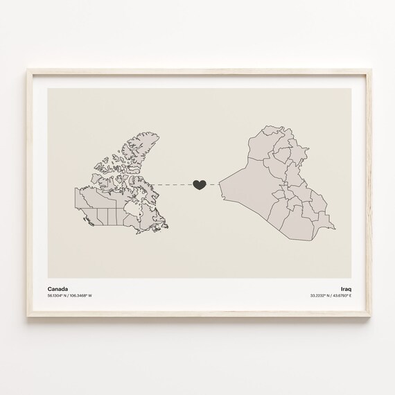 Canada To Iraq Minimalist Heart Link Two Country Map Travel Poster