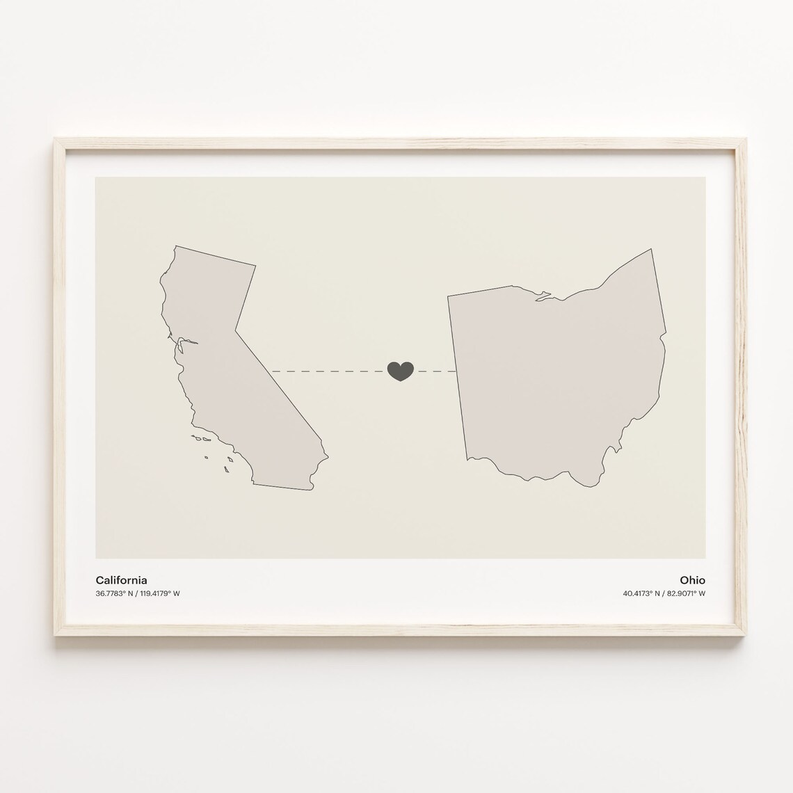 California and Ohio Long Distance Heart Connection Map Print