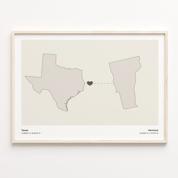 Texas To Vermont Minimalist Heart Map Long Distance Love Poster