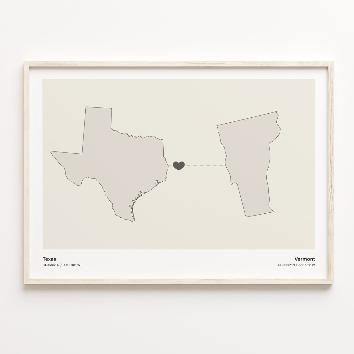 Texas To Vermont Minimalist Heart Map Long Distance Love Poster