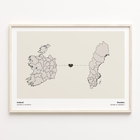 Ireland Sweden Minimalist Long Distance Love Heart Map Poster
