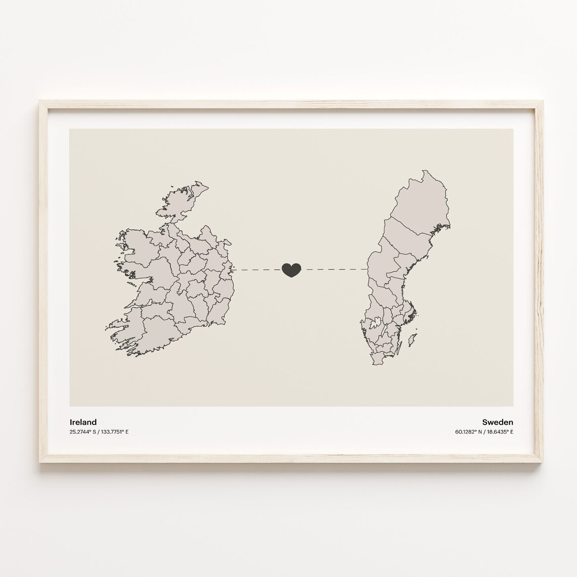 Ireland Sweden Minimalist Long Distance Love Heart Map Poster