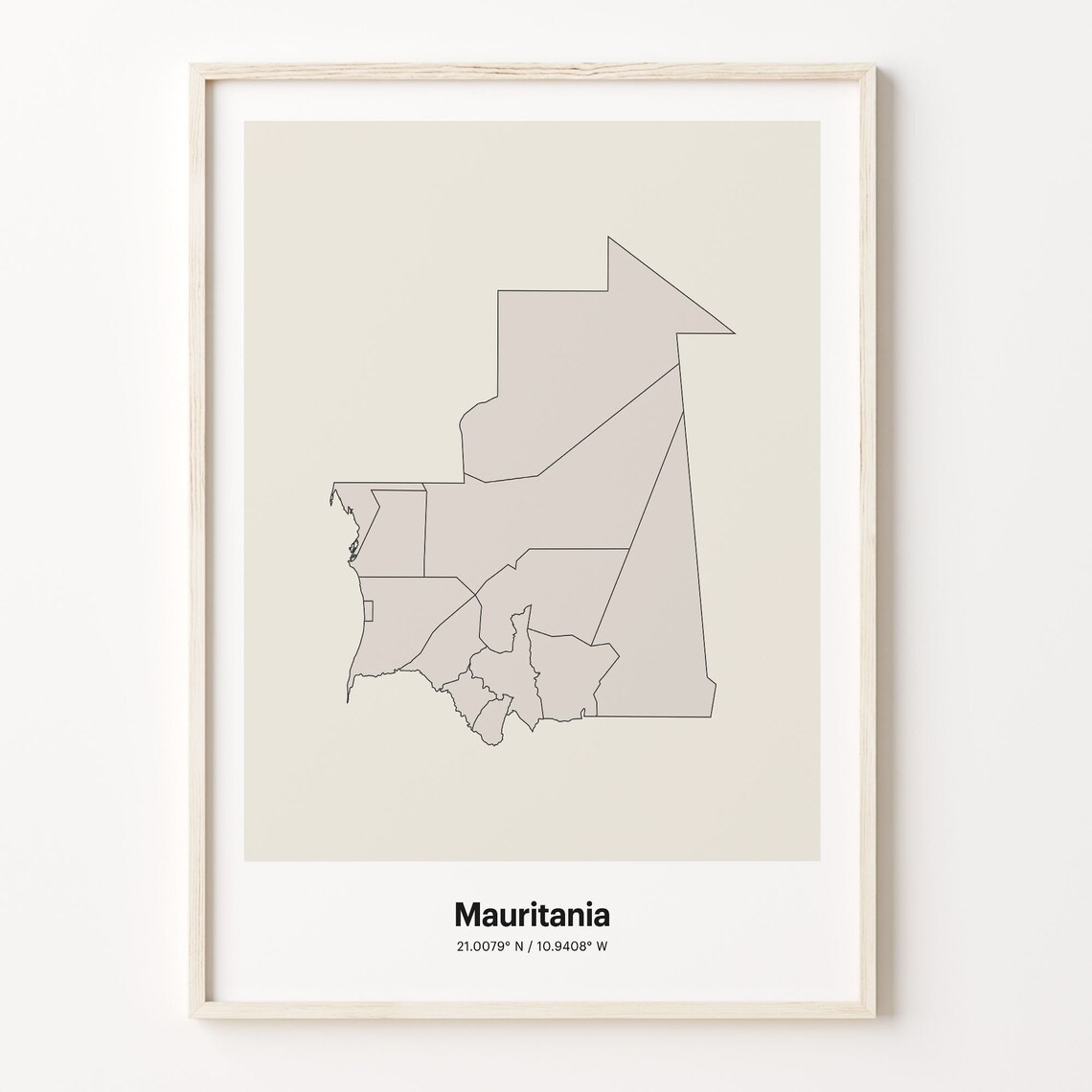 Mauritania Minimalist Map Poster With Printed Coordinates Neutral Home Decor