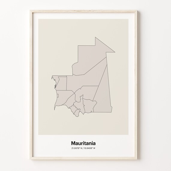 Mauritania Minimalist Map Poster With Printed Coordinates Neutral Home Decor