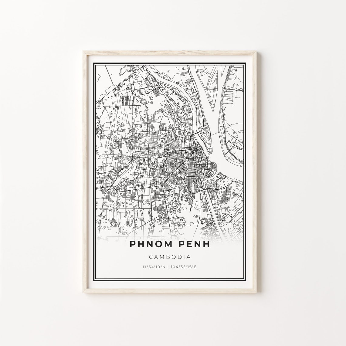 Phnom Penh Cambodia Minimalist Black And White City Map Art Poster