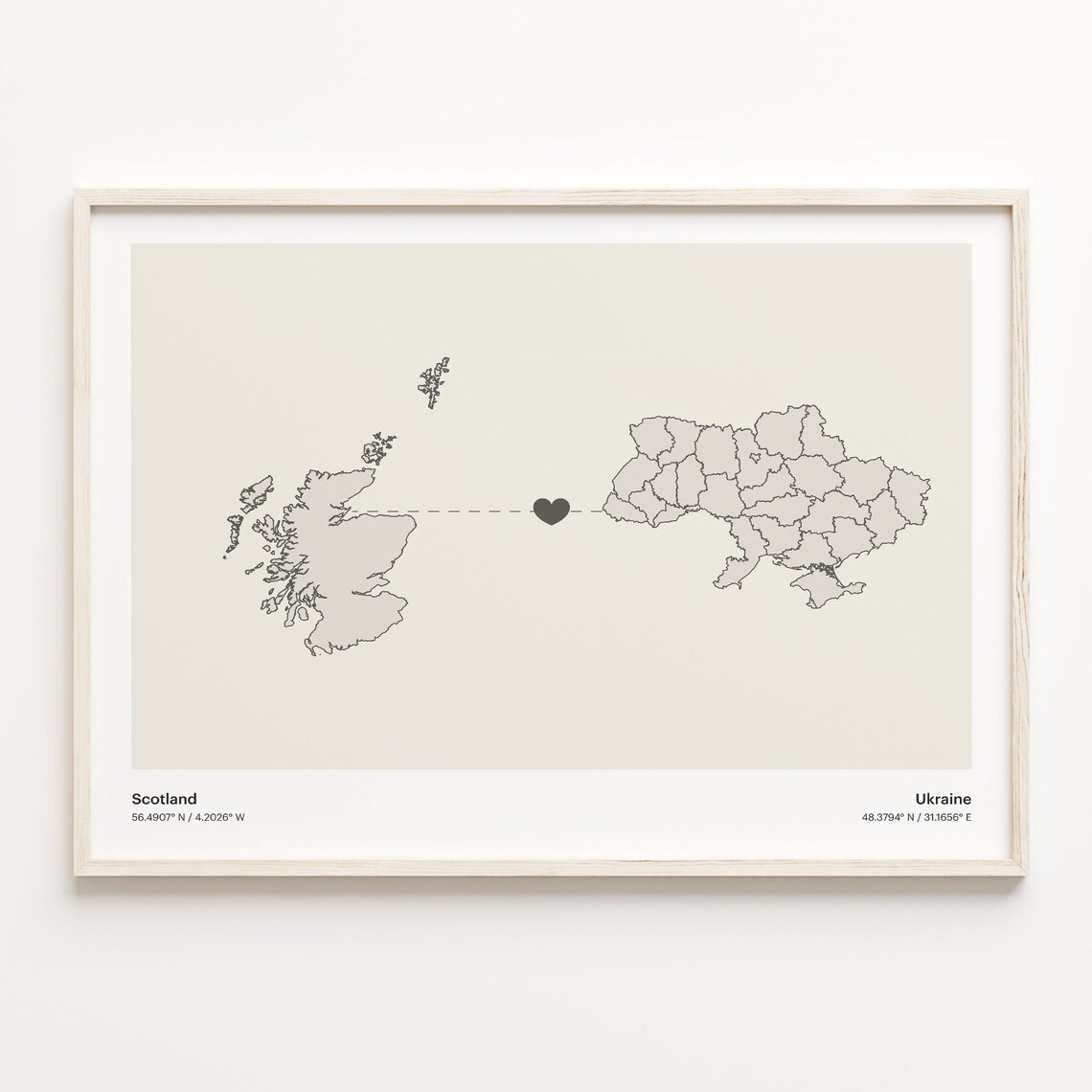 Scotland And Ukraine Long Distance Love Minimalist Heart Map Poster