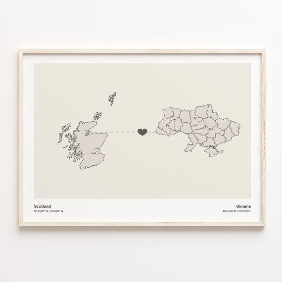 Scotland And Ukraine Long Distance Love Minimalist Heart Map Poster