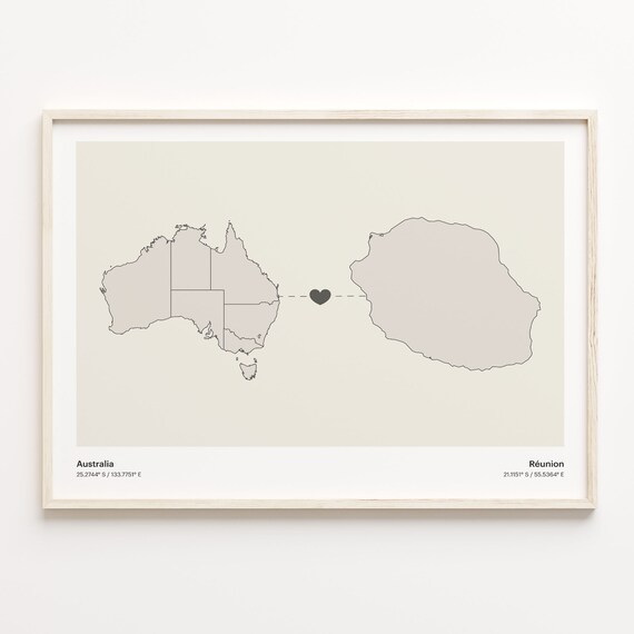 Australia To Reunion Heart Map Minimalist Country Connection Poster