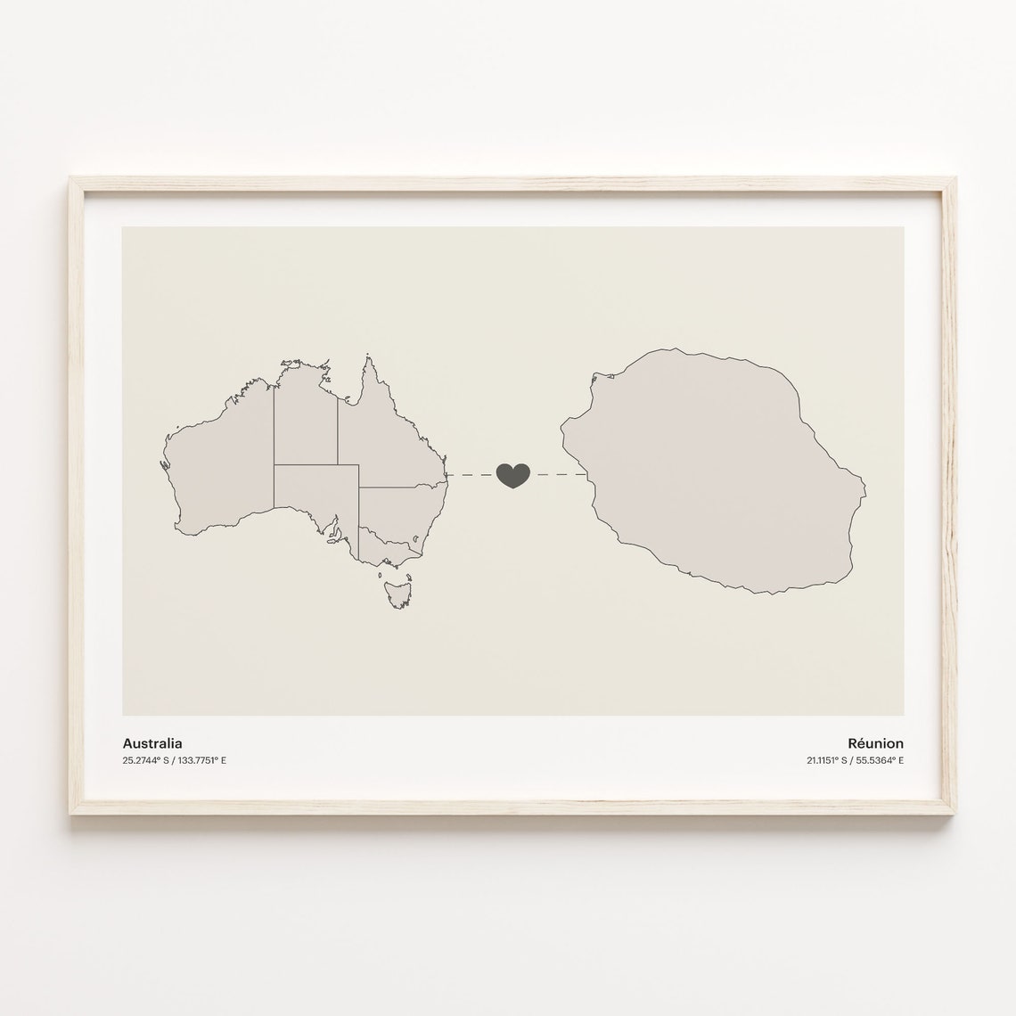 Australia To Reunion Heart Map Minimalist Country Connection Poster