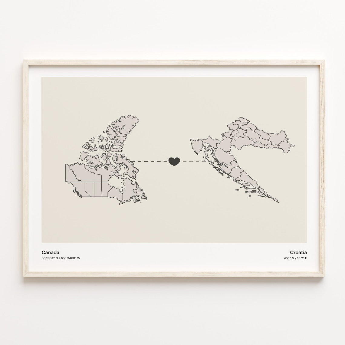 Canada To Croatia Soft Beige Heart Connection Minimalist Map Poster