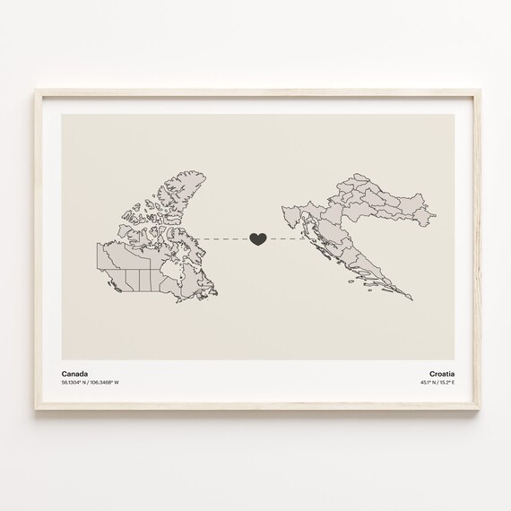 Canada To Croatia Soft Beige Heart Connection Minimalist Map Poster