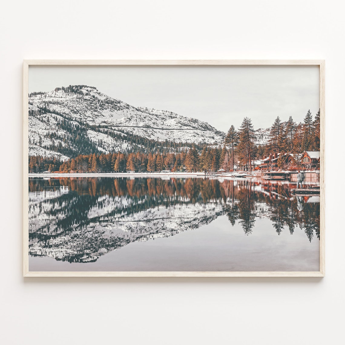 Snowy Mountain Lake Reflection Winter Pines Cabin Photo Poster